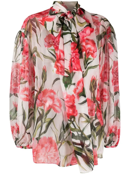 Carnation-Print Tie-Neck Silk Blouse