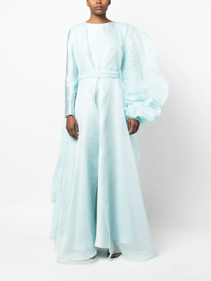 Puff-Sleeve Pleated Gown