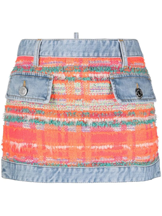 Tweed-Detail Denim Mini Skirt