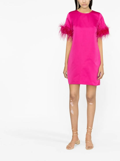Feather-Trim Satin Dress