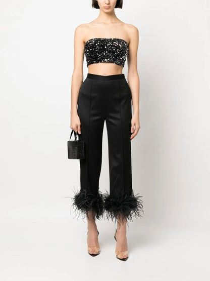Feather-Trim Cropped Trousers