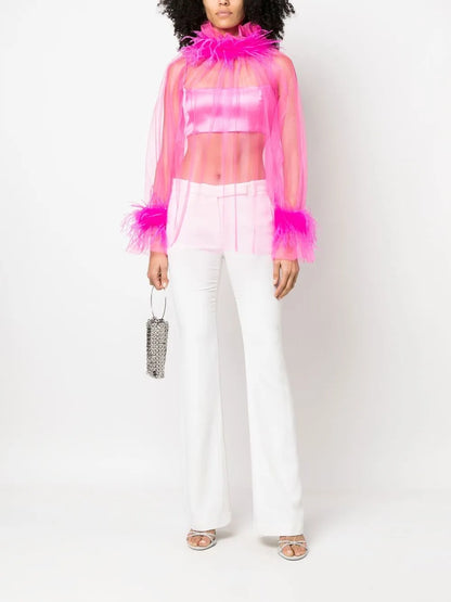 Feather-Embellished Sheer Tulle Top