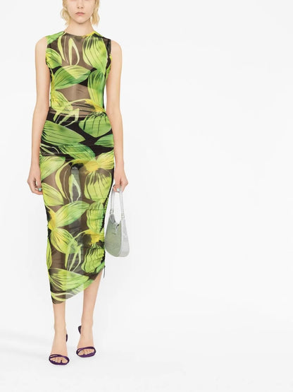 0-0-0-Print Sleeveless Mesh Midi Dress