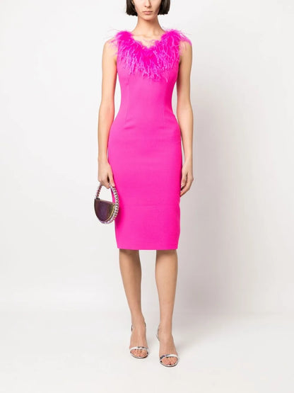 Feather-Trim Midi Dress