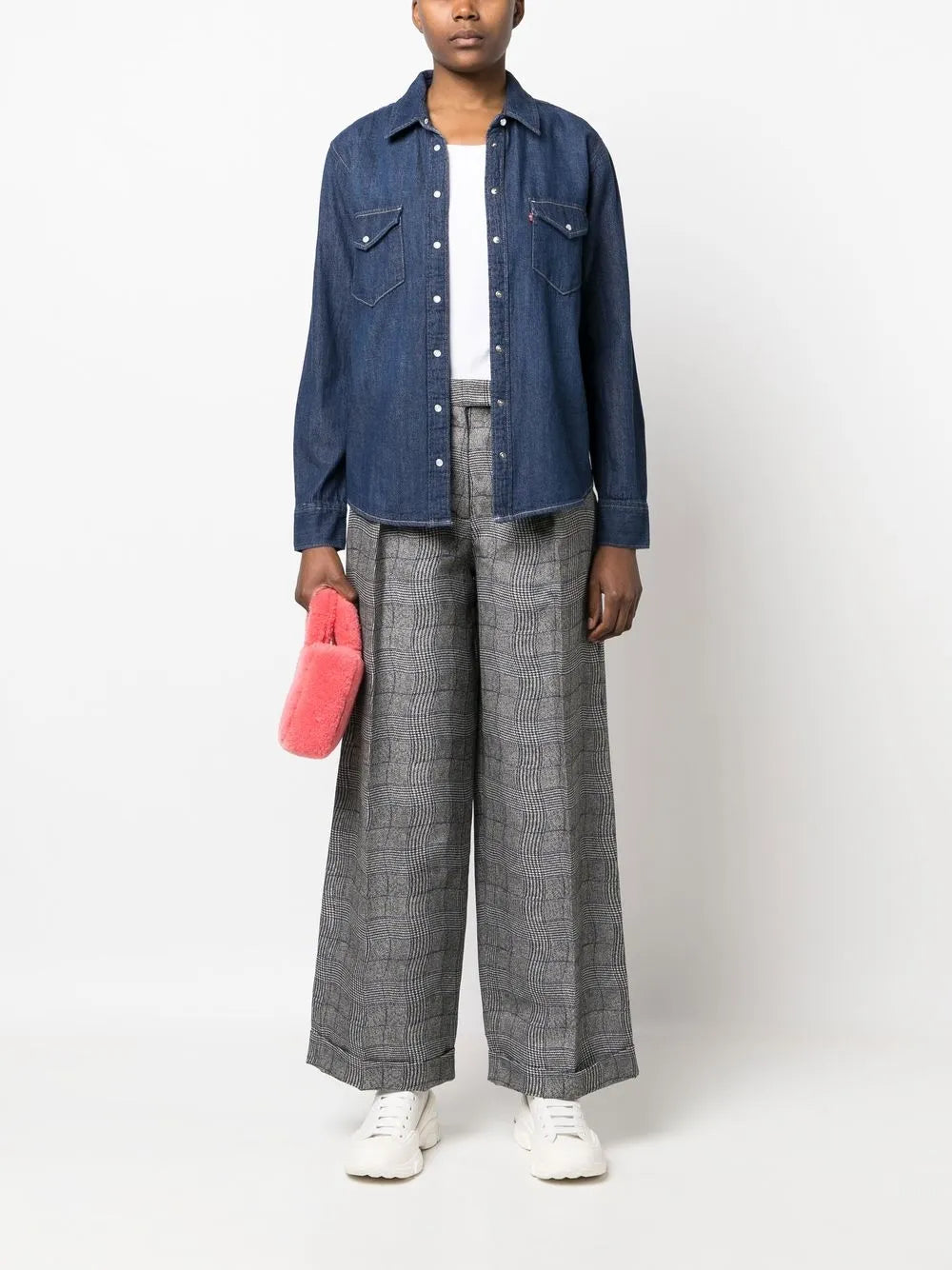 Wavy Check Wide-Leg Tailored Trousers