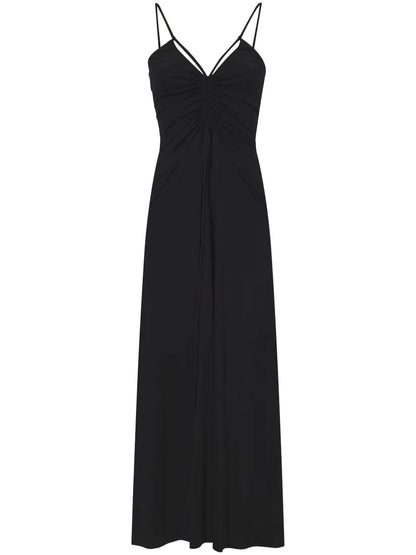 Gathered-Neckline Sleeveless Long Dress