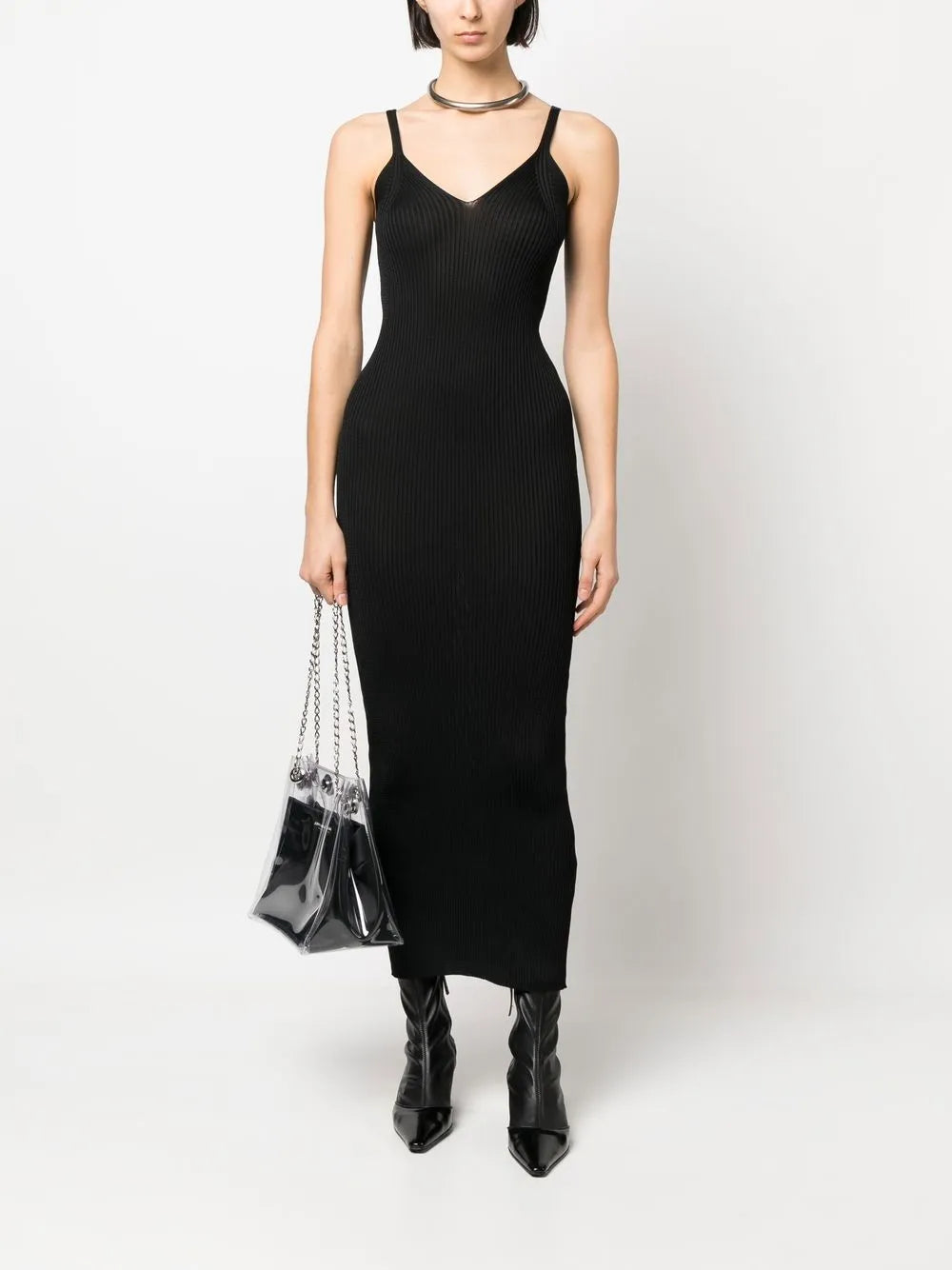 V-Neck Ribbed-Knit Dress