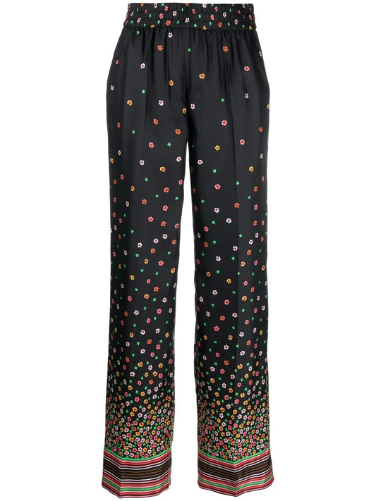 Floral-Print Silk Trousers