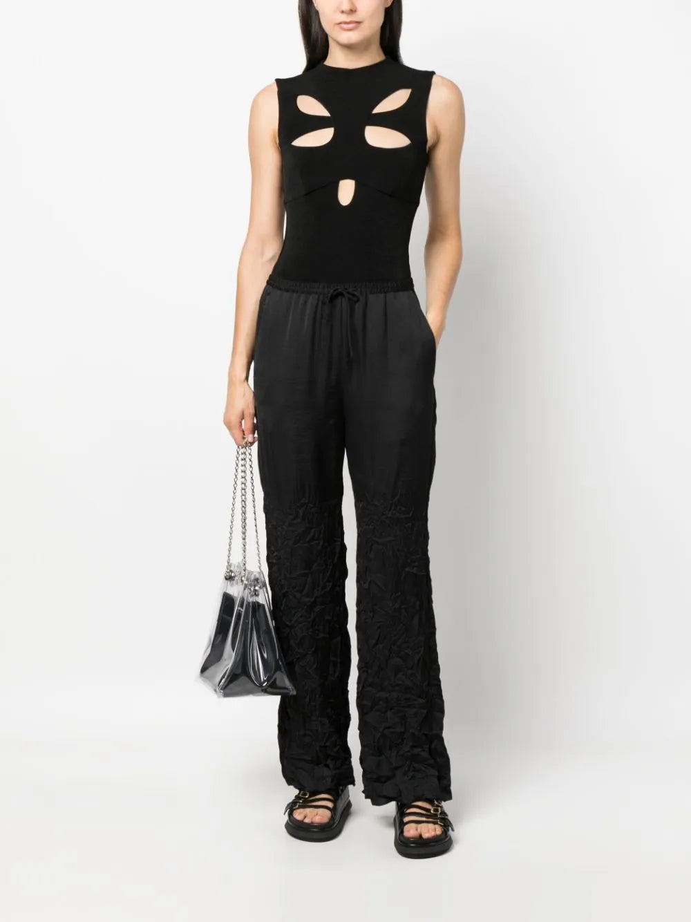 Drawstring-Waist Crinkled Straight Trousers