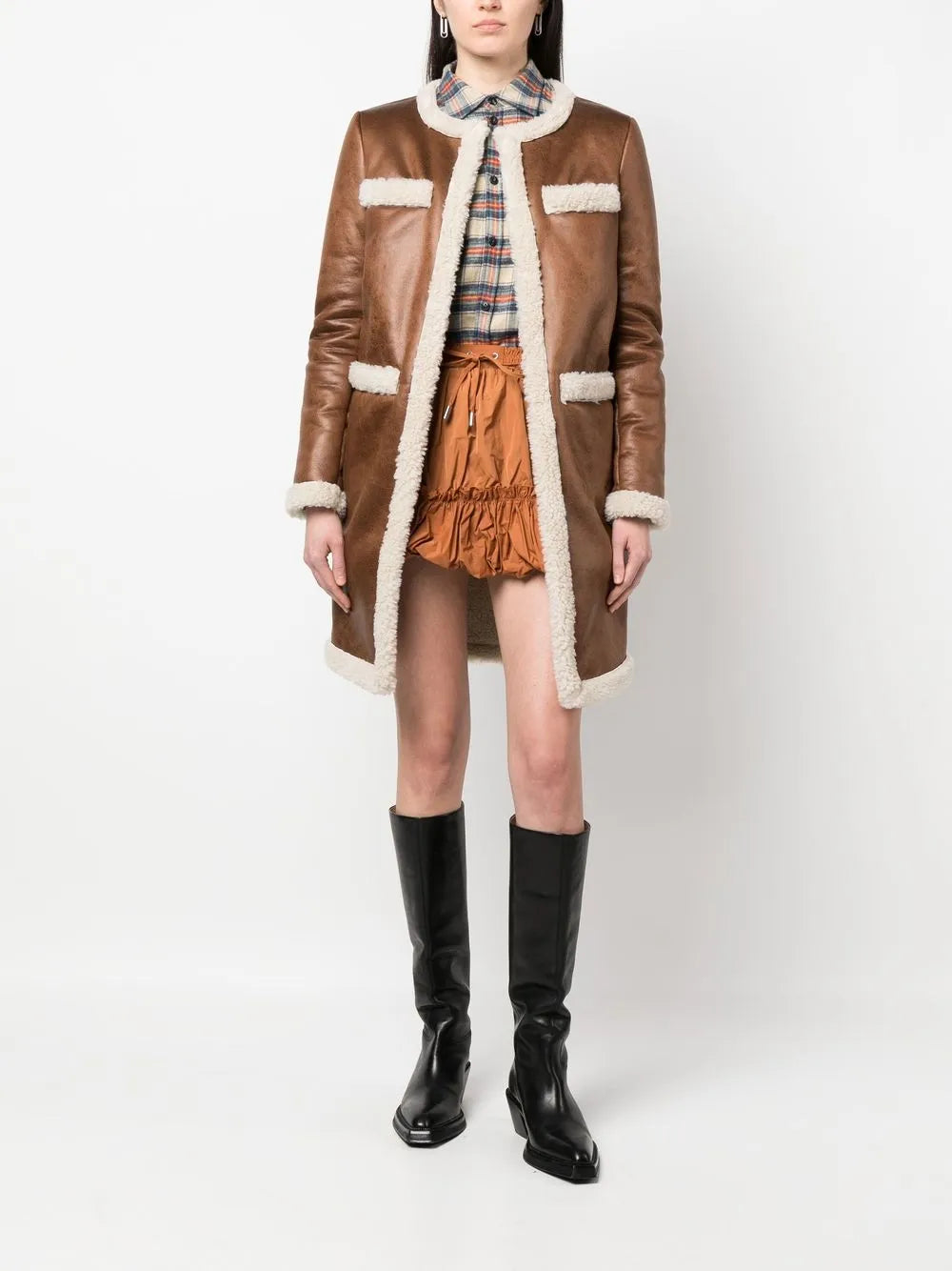 Faux-Shearling Collarless Coat