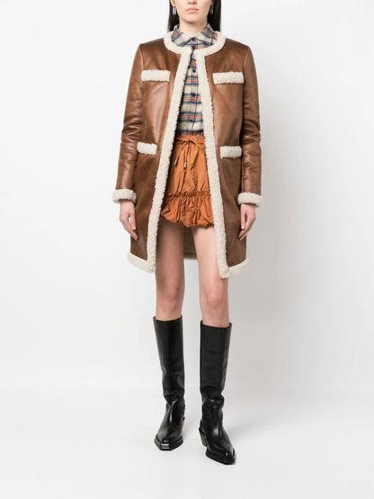 Faux-Shearling Collarless Coat