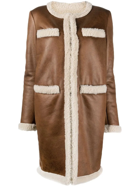 Faux-Shearling Collarless Coat