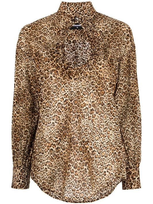 Leopard-Print Cut-Out Blouse