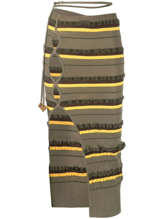 Ribbed-Knit Striped Midi Skirt