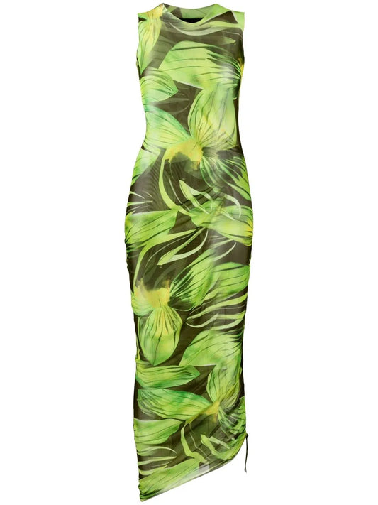 Graphic-Print Ruched Midi Dress