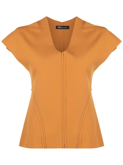Contrast-Stitching V-Neck Top