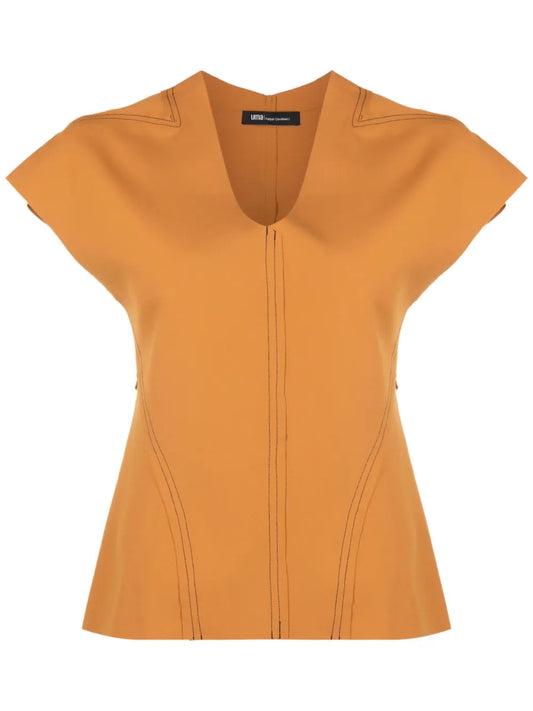 Contrast-Stitching V-Neck Top