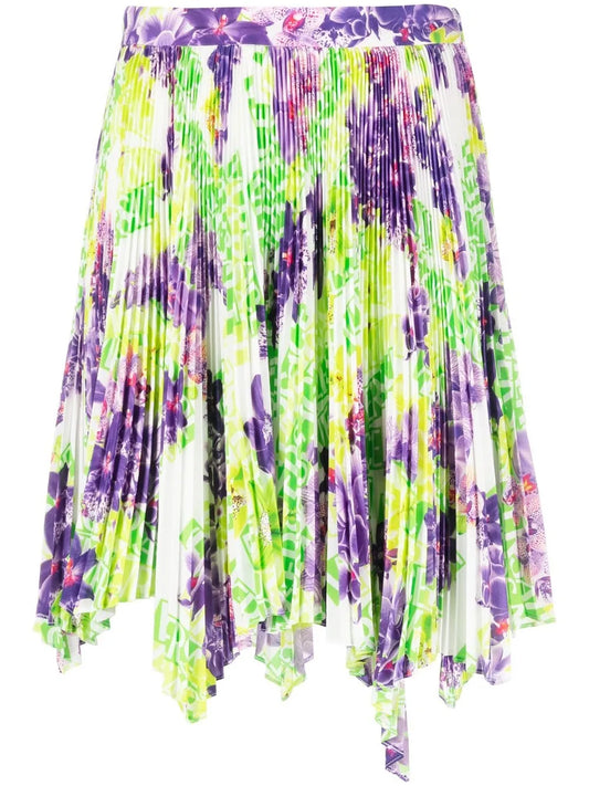 Logo Orchid-Print Pleated Asymmetric Skirt