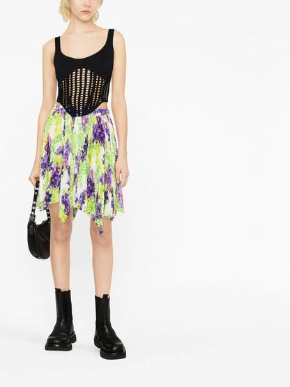 Logo Orchid-Print Pleated Asymmetric Skirt