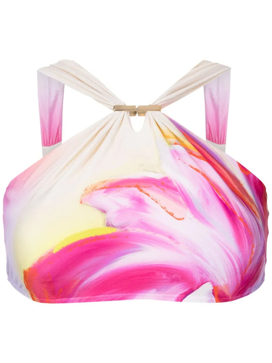 Abstract-Print Halterneck Bikini Top