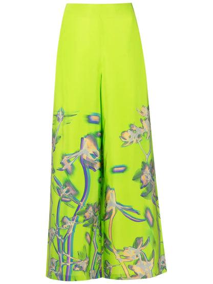 Dandelion-Print Silk Palazzo Pants