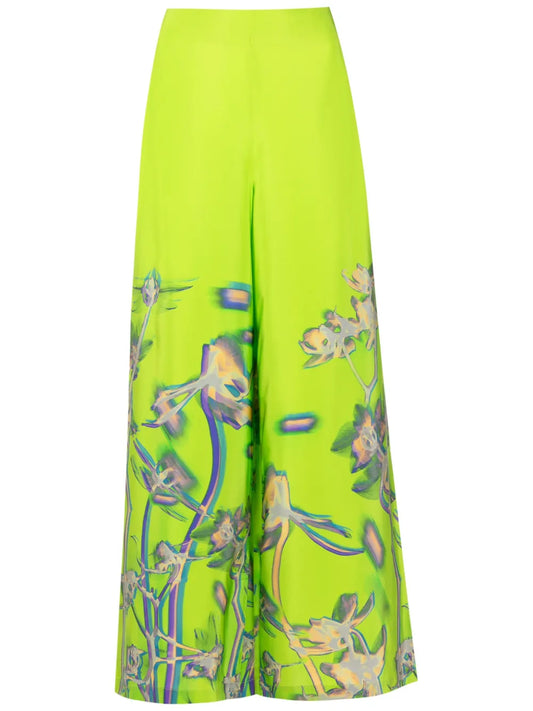 Dandelion-Print Silk Palazzo Pants