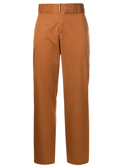 Belted-Waist Straight-Leg Trousers