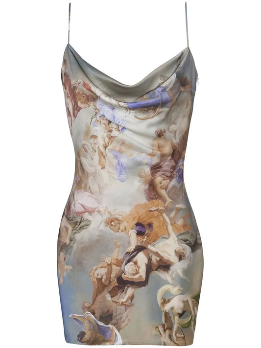 Sky-Print Cowl-Neck Minidress