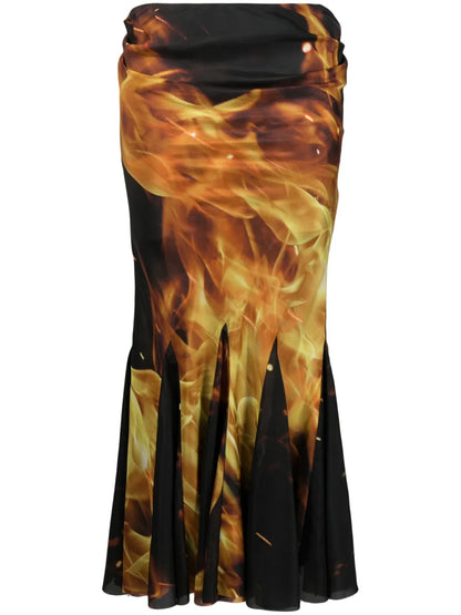 Fire-Print Draped Midi Skirt
