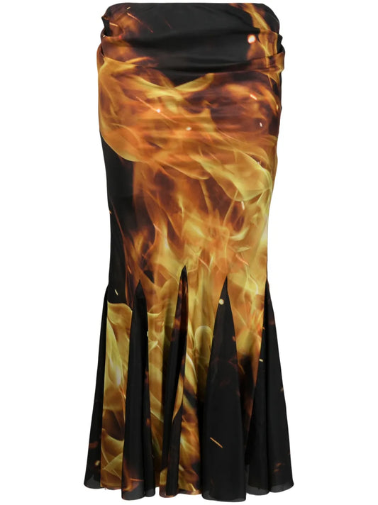 Fire-Print Draped Midi Skirt