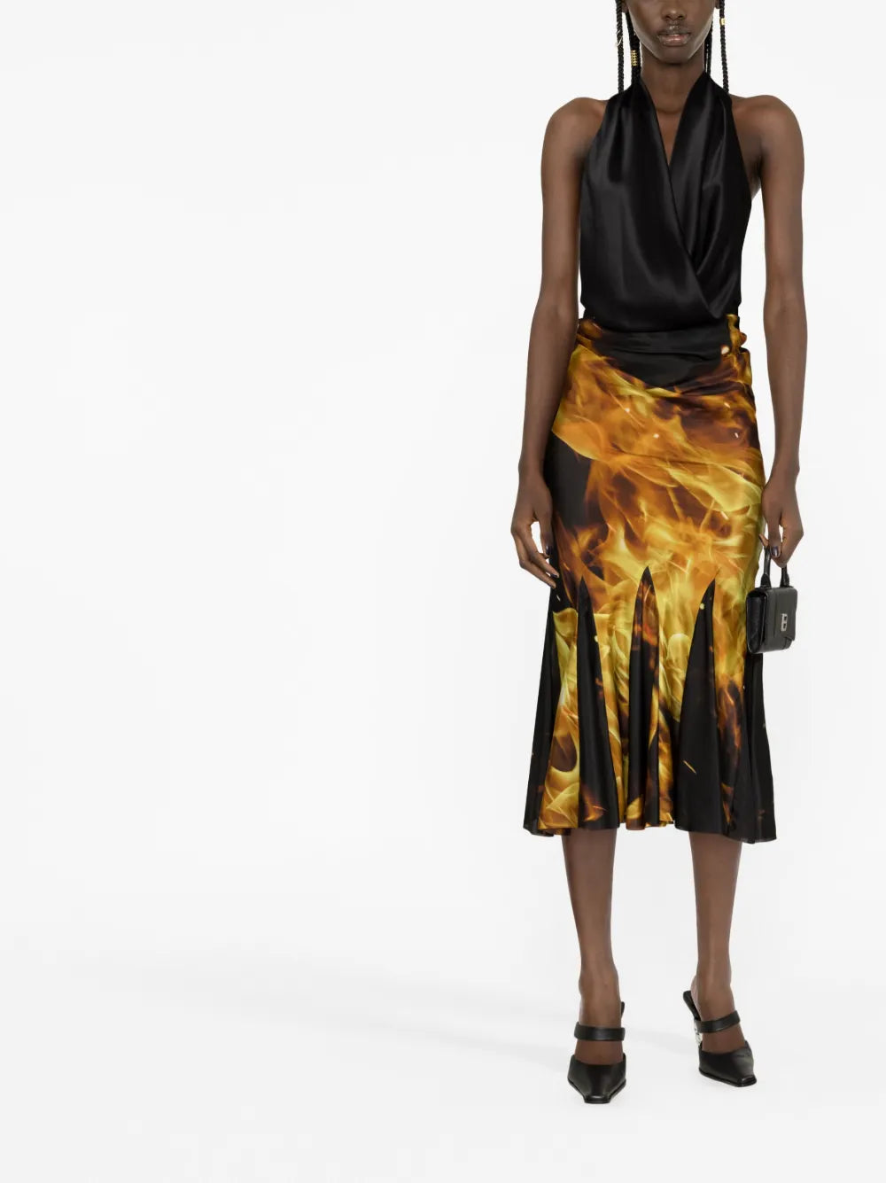 Fire-Print Draped Midi Skirt