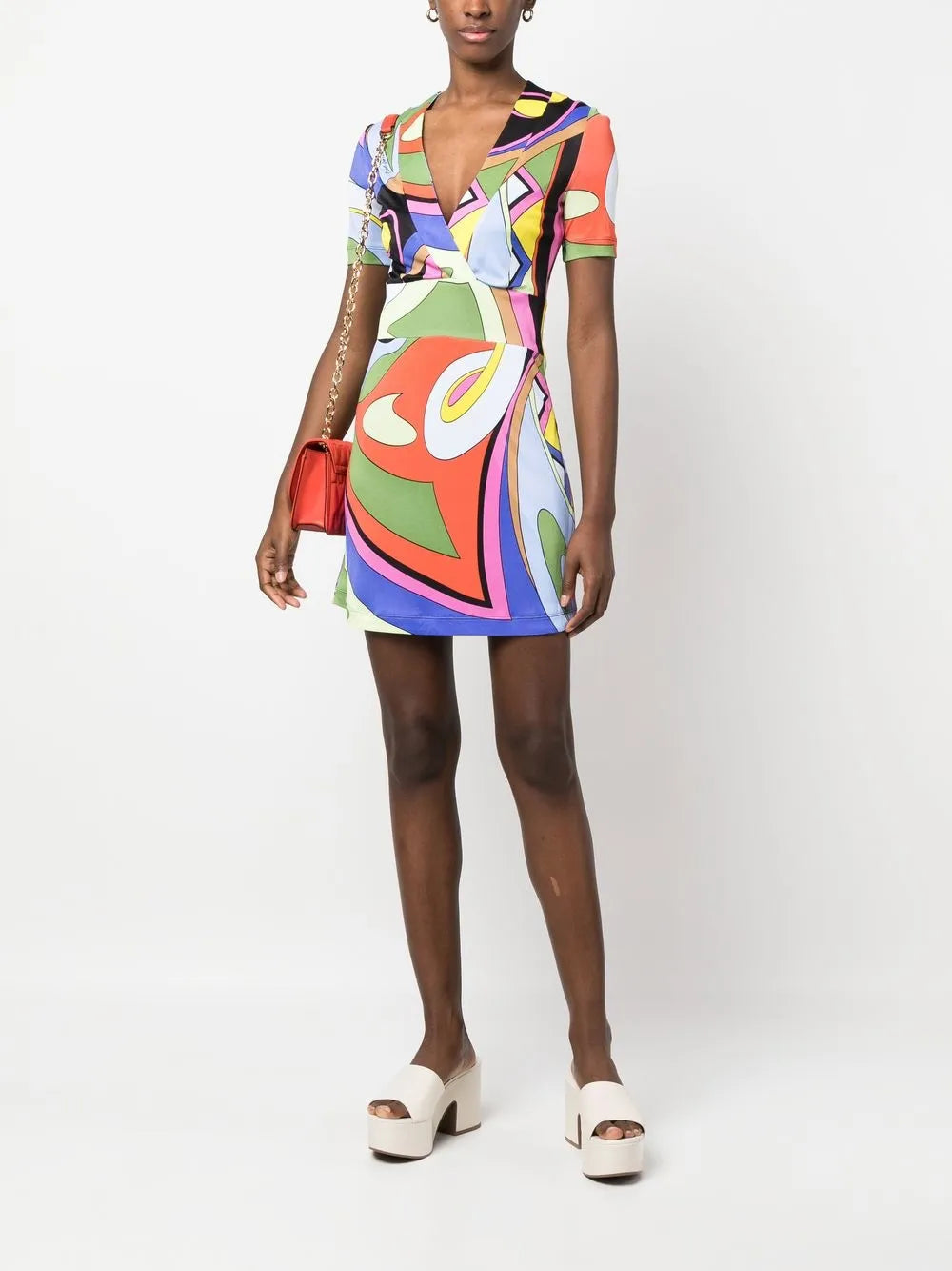 Geometric-Print V-Neck Fitted Dress