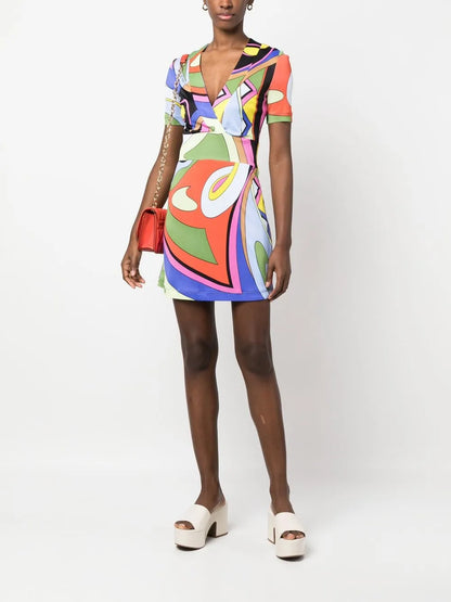 Geometric-Print V-Neck Fitted Dress
