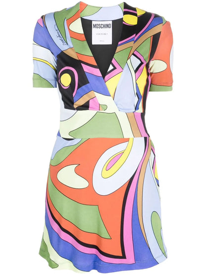 Geometric-Print V-Neck Fitted Dress