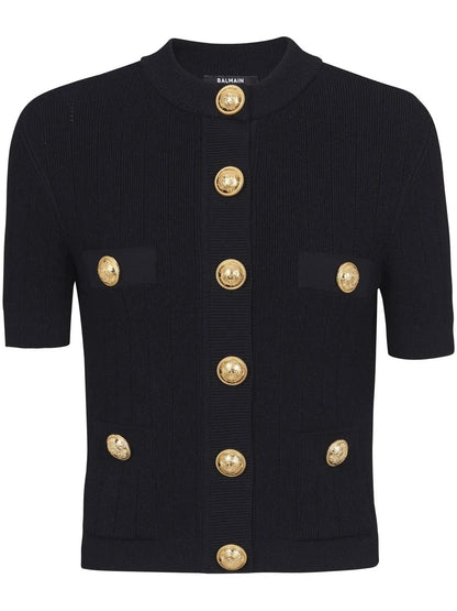 Embossed-Button Short-Sleeve Cardigan