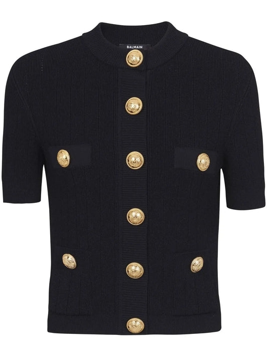 Embossed-Button Short-Sleeve Cardigan