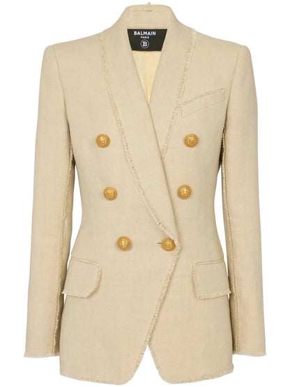 Double-Breasted Fray-Trimmed Blazer
