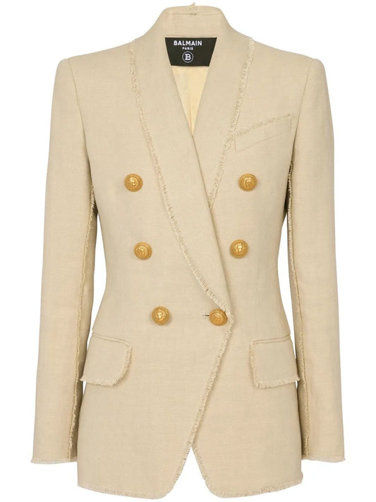 Double-Breasted Fray-Trimmed Blazer