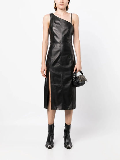 Asymmetric Leather Midi Dress