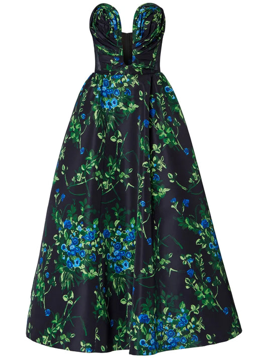 Floral-Print Draped Gown Dress
