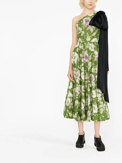 Asymmetric Floral-Print Midi Dress
