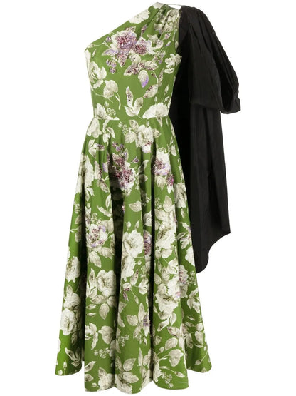 Asymmetric Floral-Print Midi Dress