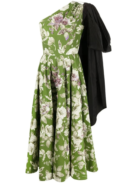 Asymmetric Floral-Print Midi Dress