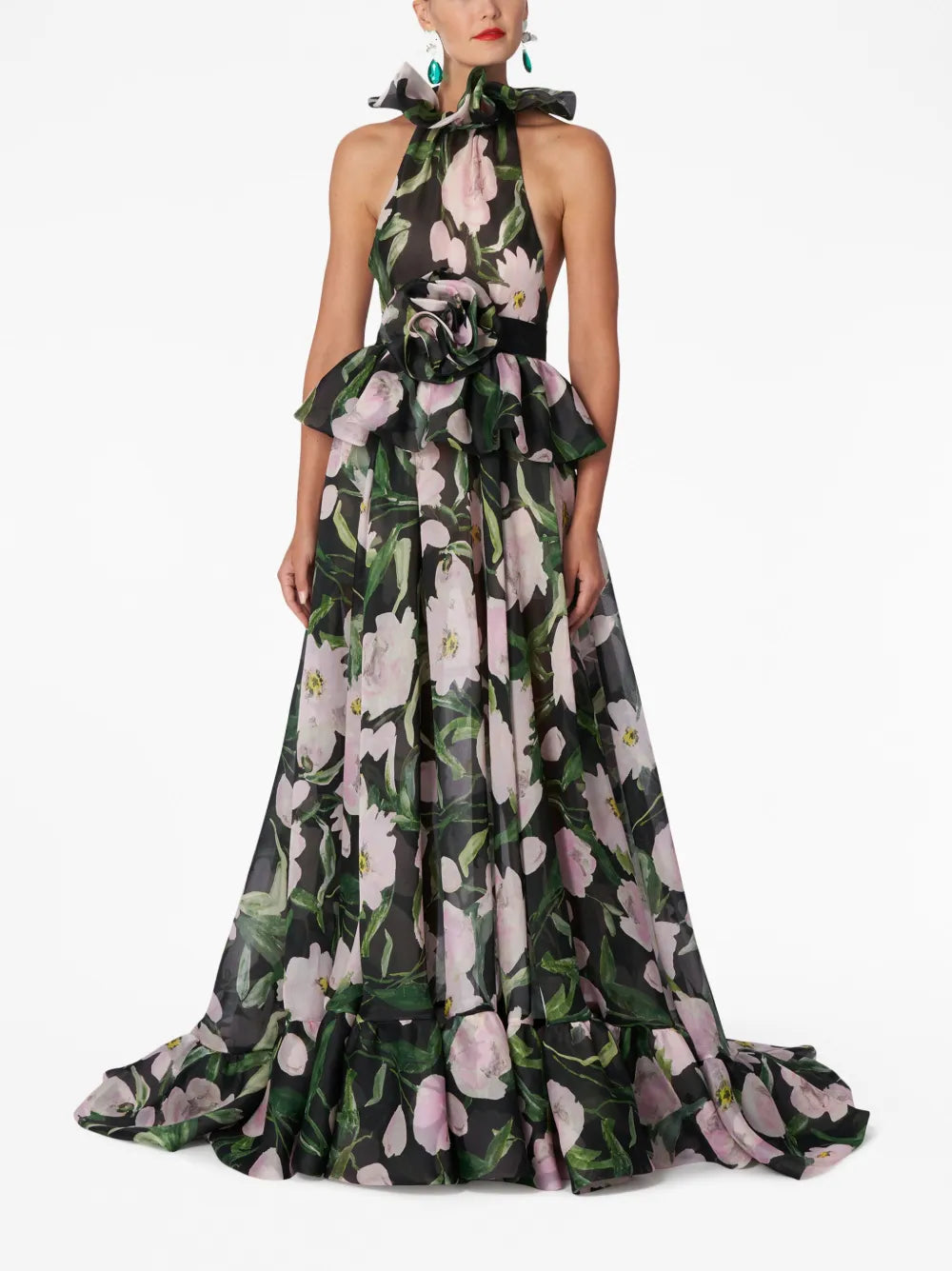 Peplum-Waist Floral Silk Dress