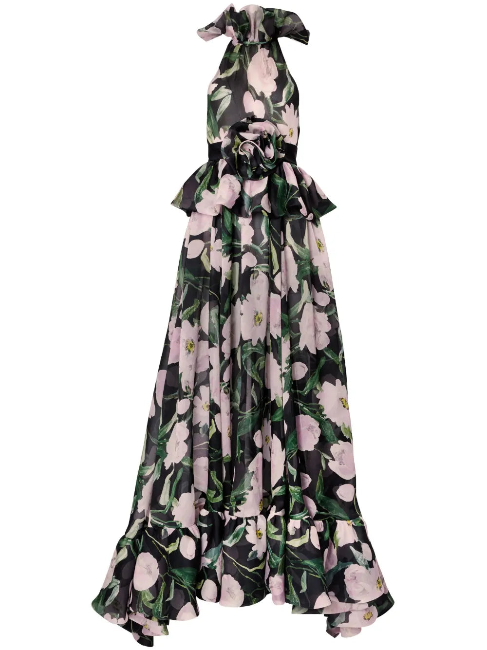 Peplum-Waist Floral Silk Dress