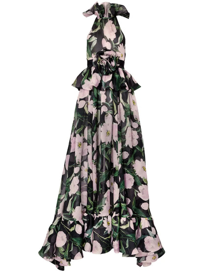 Peplum-Waist Floral Silk Dress