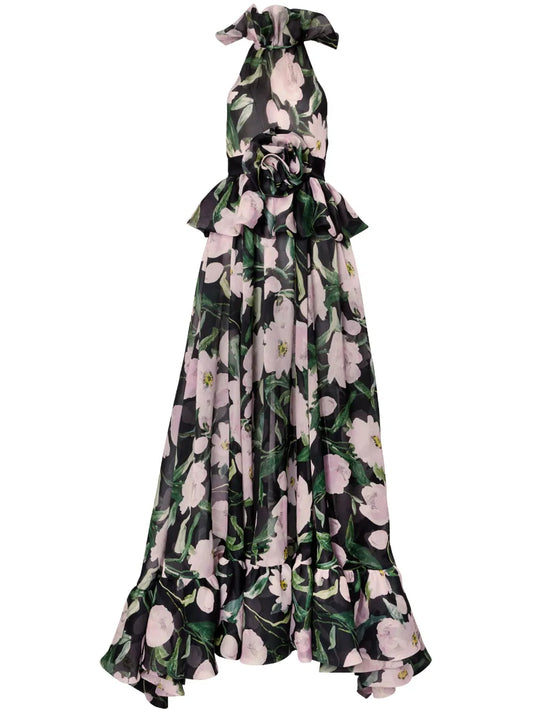 Peplum-Waist Floral Silk Dress
