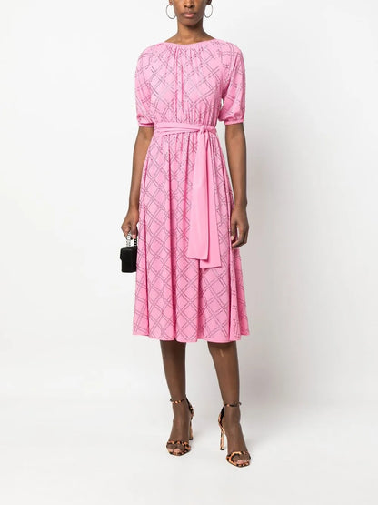 Rhinestone-Pattern Belted Dress