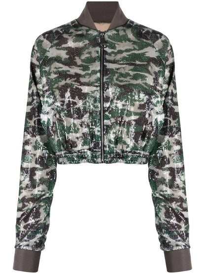 Camouflage-Print Sequinned Bomber Jacket