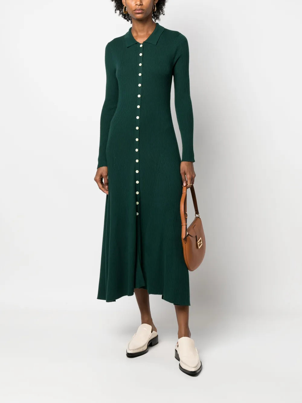 Ribbed-Knit Wool Polo Midi Dress